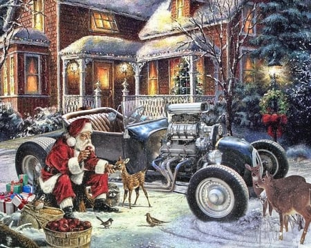 Santa\'s T Bucket - xmas, trees, hot, antique, santa, painting, art, car, artwork, hotrod, classic, houses, winter, drawing, deer, rod, christmas, irds, village, snow