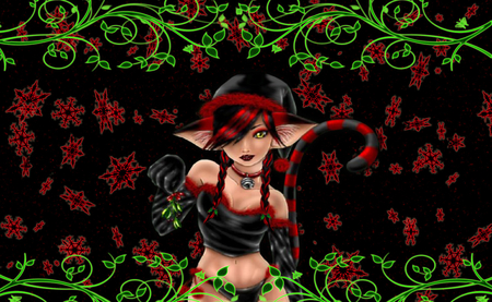 Naughty Elf - black, black hair, belly, vines, yellow eyes, tail, elf, sexy, snowflakes, red hair, holly, gloves, christmas, merry christmas, red, snow, santa hat