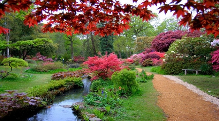 Garden. - path, nature, seat, garden, stream, flower, tree