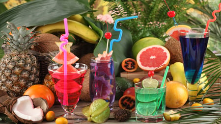 Colorful Cocktails - glasses, straw, fruits, colorful, pineapples, oranges, lemon, pink, blue, cocktails