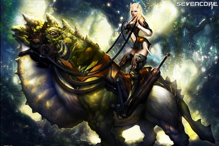 SevenCore - sexy, hot, female, brave, warrior, monster, fighter, armor, cool, forest, dragon, sevencore, smile, sword, rider