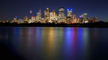 City Lights - reflection, river, night, city, buildings, skyscrapers, lights