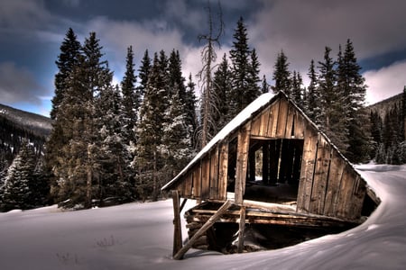 Old winter barn - clouds, trees, winter, silence, wood, beautiful, snow, landscape, beauty, white, nature, old, barn, hdr, cold, sky