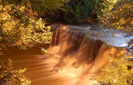 Waterfall of gold - beauty, landscape, background, trees, unreal, light, image, wonderful, waterfall, gold, nature, view, amazing, river, hdr