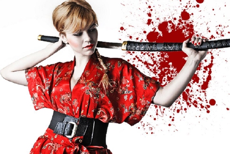 The assassin - pretty, blonde, sword, lovely, samurai, red, model, nice, sexy