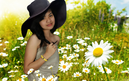 Beauty - beauty, black hat, cute, among the flowers