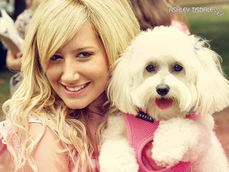 girl  and a cute puppy - puppy, girl, pink, cute