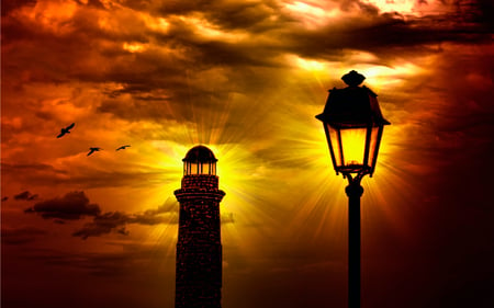 The Lighthouse - beauty, sky, lighthouses, golden sunset, peaceful, sun, colorful, sunset, shine, storm, powerlight, amazing, view, shimmering, lanterns, lantern, clouds, architecture, lamp, stormy, birds, rays, lighthouse, light, lovely, bird, power, nature, beautiful, splendor, colors