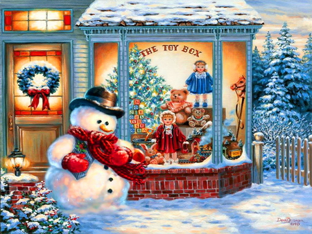 Christmas shop - snowman, new year, toys, winter, wreath, christmas, shop, holiday, mood, tree