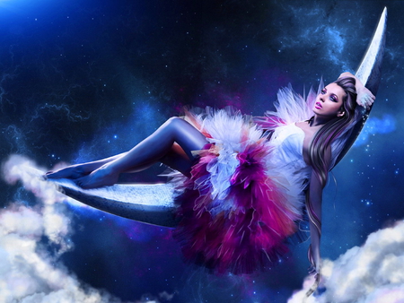 Moon girl - sky, heaven, fantasy, fantasy girl, clouds, moon, blue