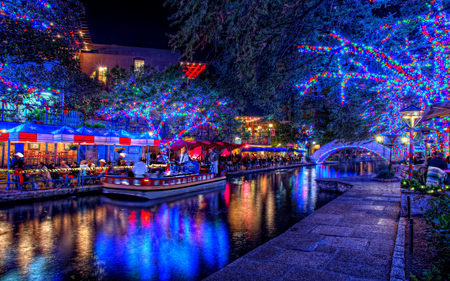 Christmas Lights - pretty, magic, romantic, romance, terrace, night, path, holiday, xmas, merry christmas, way, house, lanterns, city, beauty, colors, architecture, boats, nature, lights, new year, happy holidays, building, people, blue, town, boat, splendor, reflection, walk, view, magic christmas, lake, houses, christmas lights, trees, water, happy new year, beautiful, buildings, lovely, lantern, tree, christmas, colorful, peaceful, bridge, restaurant