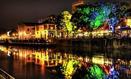 Colorful lights near the canal - houses, trees, light, night, colorful, canal, dark, evening, blue