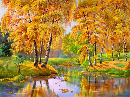 Autumn day - trees, water, colors, sunn, leaves, fall, autumn, lake, sun