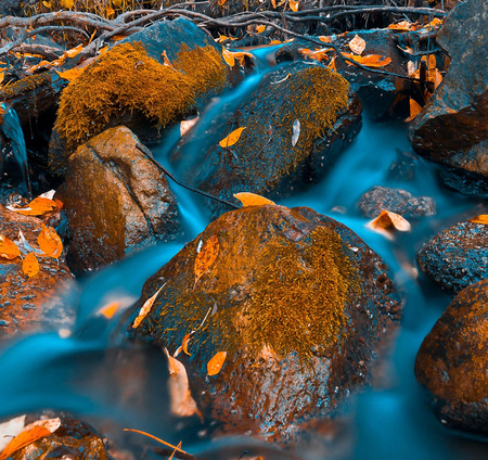 autumn flow - nature, autumn, flow, river, blue, stream, rocks