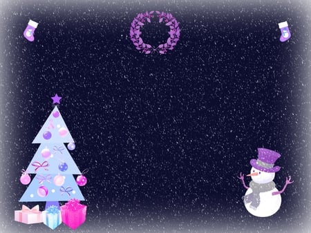 Blue Christmas - snowman, winter, gifts, blue, snow, pink, christmas, wreath, christmas tree, stockings, purple, ornaments, ribbon