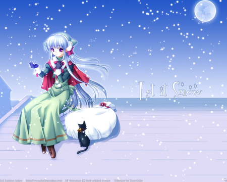 Let it Snow - waiting, anime, blue, snow, night, gentle, child, robe, roof, house, wander, winter, beautiful, girl, cat, christmas, black, white, green, full moon