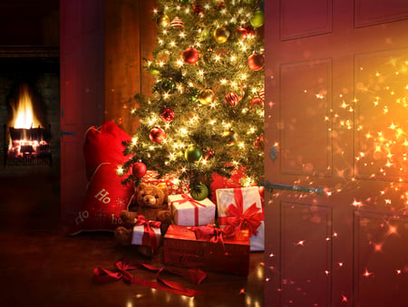 Magic Christmas - new year, xmas, gift, christmas gifts, magic, colorful, room, design, fire, christmas decoration, villa, balls, holiday, ribbon, gifts, fireplace, christmas gift, christmas tree, happy new year, bow, beautiful, door, teddy bear, beauty, photography, happy holidays, toy, christmas light, magic christmas, home, pretty, architecture, interior, house, tree, houses, toys, ball, lovely, christmas, christmas balls, merry christmas, red, splendor, colors, lights