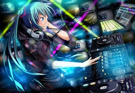 DJ Miku - outfit, virtual, miku, digital, vocaloids, song, dj, microphone, uniform, singer, cool, pink, headphones, awesome, scratching, vocaloid, yellow, anime, twintail, blue, cg, stunning, aqua hair, waves, electronics, hatsune, black, cute, beautiful, studio, amazing, girl, anime girl, white, light, 3d, disk, program, aqua eyes, artistic, pretty, glow, aqua, beauty, teal, equipment, art, diva, twin tail, room, nice, idol, headset, music, hatsune miku