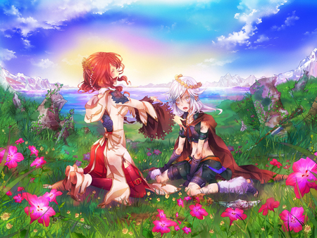 Anime girls in the garden - sky, doll, girl, anime, grass, garden, fantasy, flower