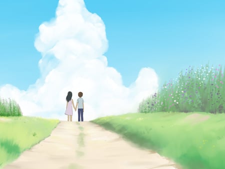 From the love to the eternity - cloud, doll, path, anime, girl, grass, sky, fantasy, nature, couple