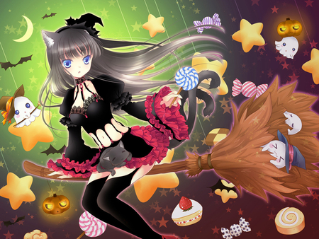 Anime witch - star, anime, broom, girl, doll, witch, fall, fantasy, halloween