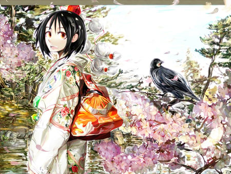 Japanese anime girl - doll, japan, fantasy, bird, anime, girl