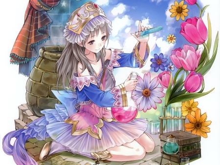 Anime girl among flowers and Chemistry - sunflower, laboratory, girl, daisy, fantasy, doll, chemistry, anime, flower