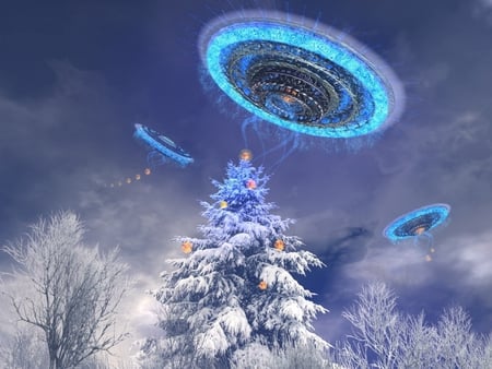 UFO Christmas - winter, beautiful, ufo, abstract, night, christmas, holiday, alien, decorations, tree