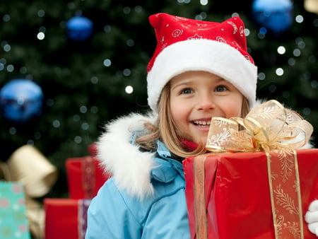 Christmas girl - winter, people, girl, present, tree, christmas, santa, holiday, gift