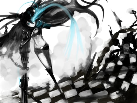 black rock shooter - blck hair, dark, blue eyes, wapon, long hair