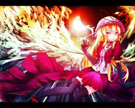 touhou - red eyes, yelow hair, magic, night, long hair, colors, dress, powers