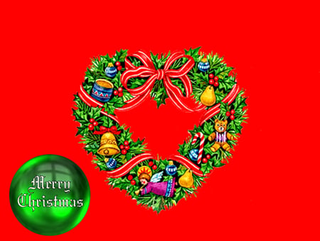 Christmas Heart Wreath - christmas, globe, wreath, heart, painting, artwork, art