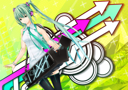 miku hatsune - dress, aqua eyes, power, long hair, green hair, bi colors