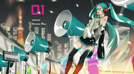 hatsune miku - blue eyes, night, long hair, city, aqua hair, dress