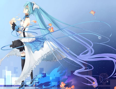 miku - flowers, dress, long hair, petals, blue eyes