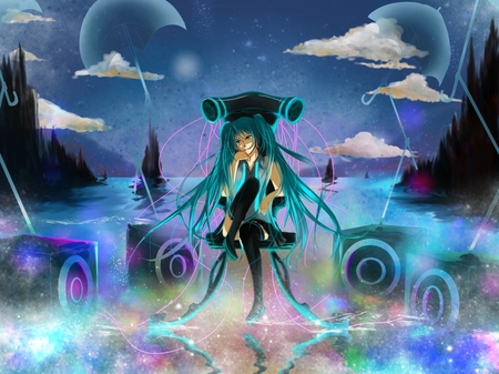 miku - ciel, blue hair, dress, night, long hair, blue eyes