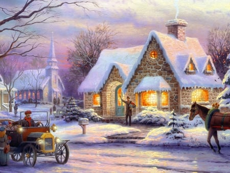 Christmas time - ice, winter, drawing, christmas, nature, painting, art, horse, snow, house, tree