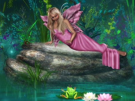 PINK FAIRY - frog, pink, wings, fairy, pond, dress