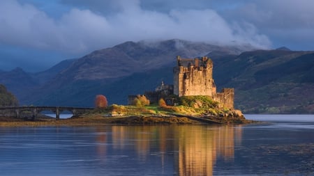 Castle on the Water - clouds, water, beautiful, mountains, castle, bridge