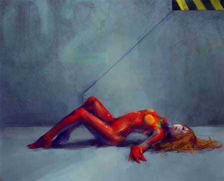 Souryuu Asuka Langley - anime, female, girl, lying, red hair, souryuu asuka langley, neon genesis evangelion, body suit, lone, orange hair