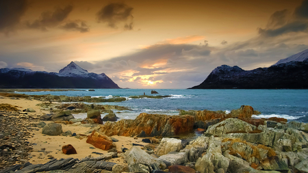 Rocky Beach - rocky, blue, beach, sea, mountains, rocks, sky