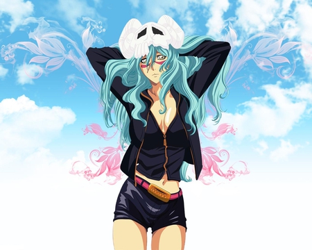 Neliel Tu Oderschvank - hollow mask, sky, bleach, neliel tu oderschvank, arrancar, aqua hair, jacket, nel, clouds, espada, anime, shorts, neliel