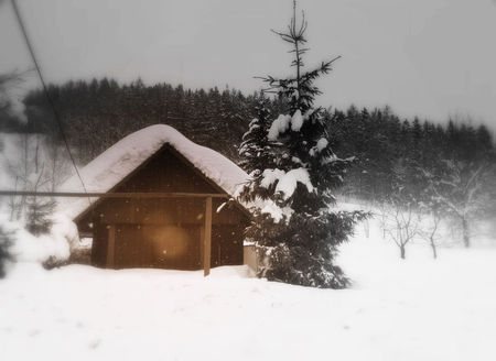 Lovely winter - winter, landscape, beautiful, white, background, tree, barn, nature, snow, cold