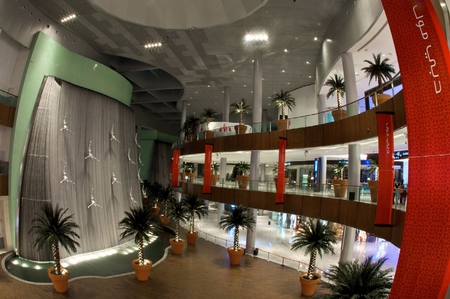 waterfall in the Dubai mall - walls, shops, waterfall, lights