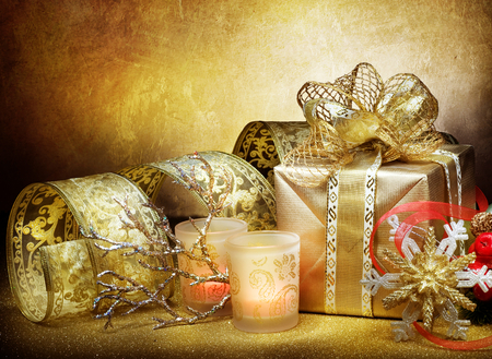 Happy holidays!!! - pretty, elegantly, tape, photo, holiday, ribbon, box, merry christmas, golden, candles, nice, delicate, happy new year, beautiful, candle, beauty, gold, colors, lovely, cool, still life, harmony, christmas, snowflake, gift