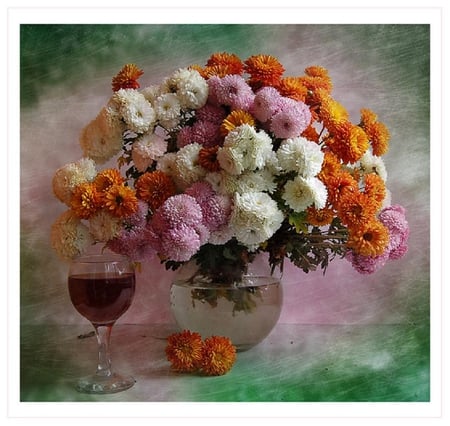 Chrysanthemums. - vase, wine, chrysanthemum, daisy, flower, still life, glass