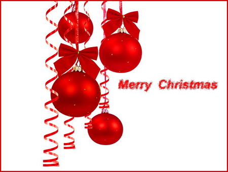 A heartfelt greeting - balls, red, streamers, bows, greeting, merry christmas