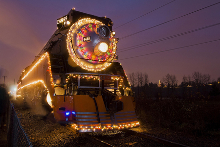 christmas train - locomotive, train, winter, holiday, lights, photography, vehicle