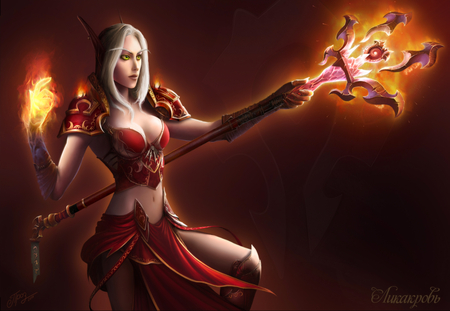 Fire of Warrior - fire of warrior, elf, hot, fire, fighter, magic, armor, fairy, red, staff, cool, power, warcraft, world of warcraft, pointy ears, warrior, sexy, female, blood elf, fire hand