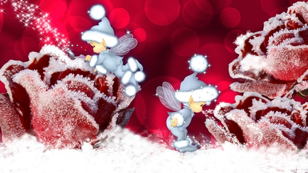 Frosting Roses - elves, winter, whimsical, snow, firefox persona, pixies, fairies, flowers, christmas, red, cold, cute, frost